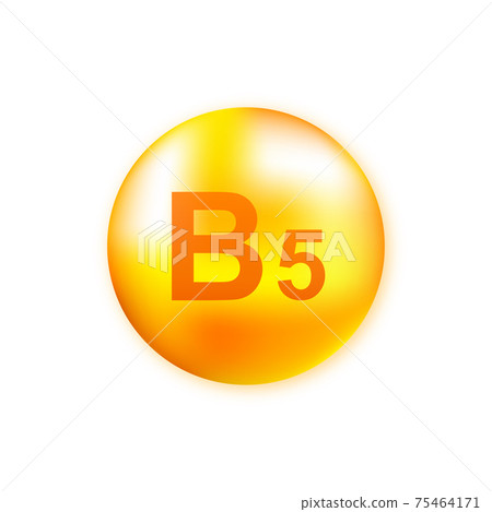 Vitamin B5 with realistic drop on gray background. Particles of vitamins in the middle. Vector illustration. 75464171