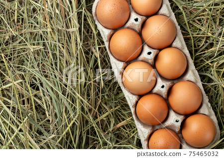 Chicken eggs in the hay. Home products. Farming concept. 75465032