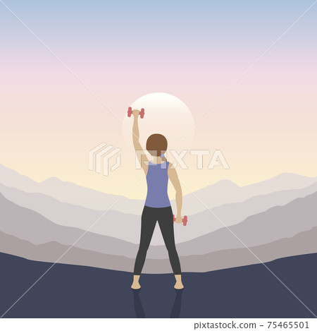 sporty girl does outdoor sport with dumbbells on mountain landscape 75465501