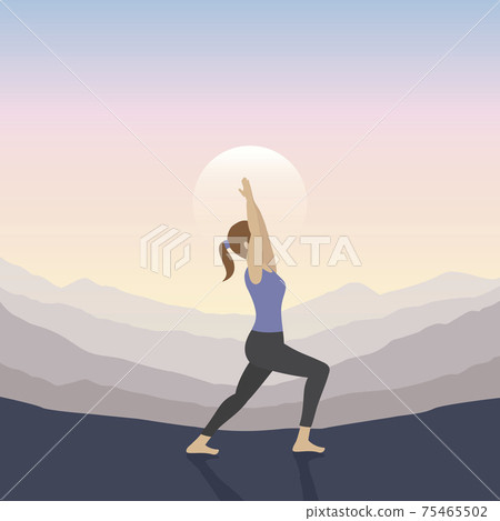 girl makes yoga on mountain landscape at sunset girl makes yoga on mountain landscape at sunset 75465502