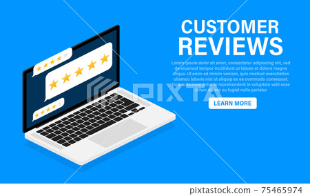 Customer review with gold star icon in laptop screen. Vector illustration. Customer review with gold star icon in laptop screen. Vector illustration. 75465974