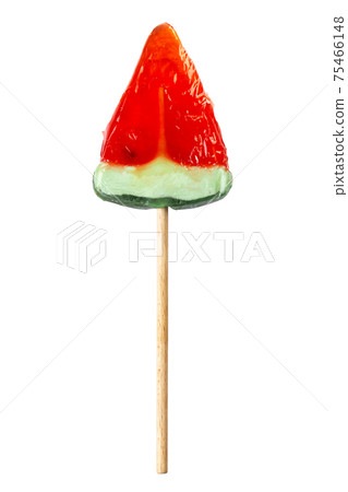 Sweet lollipop in the form of a slice of watermelon isolated on white. 75466148