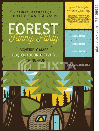 Forest family party flyer A4 format. Camping Adventure poster graphic design with forest and cabin and text. Stock vector retro card 75466932