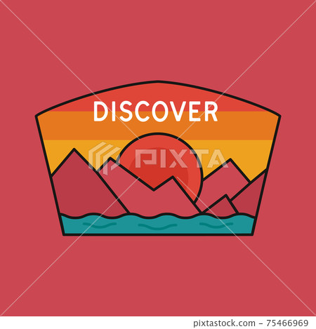 Vintage discover logo, adventure emblem design with mountains and river. Unusual line art retro style sticker. Unique colors. Stock vector 75466969