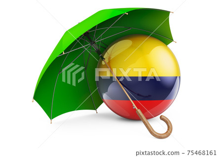 Colombian flag under umbrella. Protection and security of Colombia concept, 3D rendering Colombian flag under umbrella. Protection and security of Colombia concept, 3D rendering 75468161