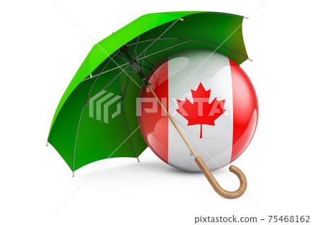 Canadian flag under umbrella. Protection and security of Canada concept, 3D rendering Canadian flag under umbrella. Protection and security of Canada concept, 3D rendering 75468162