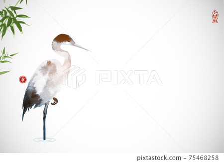 Heron and green bamboo leaves. Traditional oriental ink painting sumi-e, u-sin, go-hua. Translation of hieroglyph - happiness Heron and green bamboo leaves. Traditional oriental ink painting sumi-e, u-sin, go-hua. Translation of hieroglyph - happiness 75468258