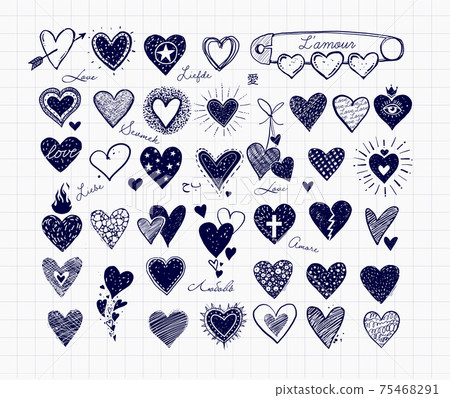 Collection of doodle pen sketch hearts on lined paper background. "Love" inscription in different languages. Collection of doodle pen sketch hearts on lined paper background. "Love" inscription in different languages. 75468291