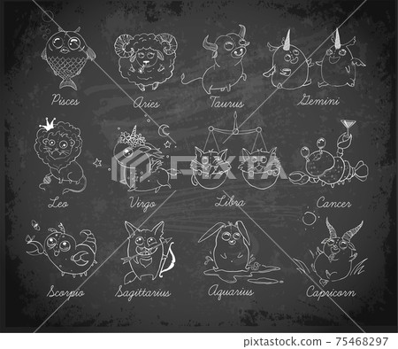 Set of 12 funny doodle zodiac icons on blackboard background. Astrology horoscope with signs. Calendar template. 75468297
