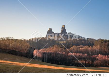 Trosky Castle in Bohemia paradise - Czech republic - aerial view - travel and architecture background 75470110