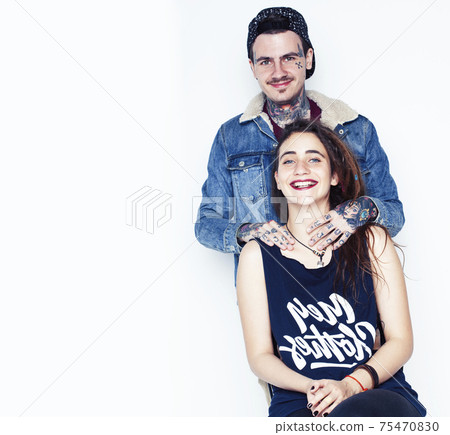 young pretty couple together, lifestyle people concept, boyfriend and girlfriend tattoo 75470830