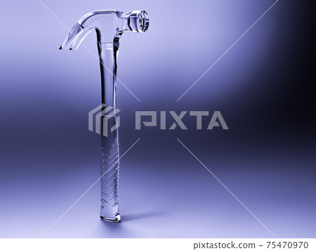 Transparet hammer are made from glass on blue background. Space for texs. 75470970