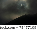 There is a dark cloud over the mountain ridge. The sun is hiding, a sign of stormy weather? 75477109