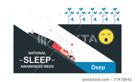 National Sleep Awareness Week. Woman is in deep dream. Vector illustration in flat style. This graphic is isolated on white background. 14 to 20 March, 2021. 75478642