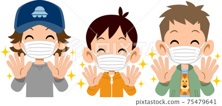 The upper body of three smiling boys who washed their hands and put on masks The upper body of three smiling boys who washed their hands and put on masks 75479641