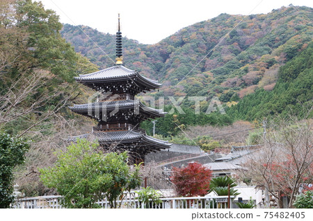 The three-storied pagoda at Johotsuganji Temple, which turns red The three-storied pagoda at Johotsuganji Temple, which turns red 75482405
