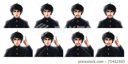 Showa hot-blooded boy cartoon style, facial expression set of a handsome school run student 75482985