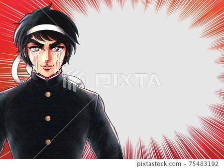 Showa hot-blooded shounen manga style, cheering leader who raises his fingers and sheds tears, concentrated line banner 75483192
