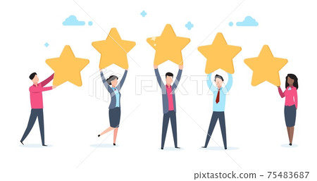 5 star rating. Flat people holding five golden stars. Social media product review, men and women vote online, customer rating quality and feedback vector concept isolated on white background 5 star rating. Flat people holding five golden stars. Social media product review, men and women vote online, customer rating quality and feedback vector concept isolated on white background 75483687