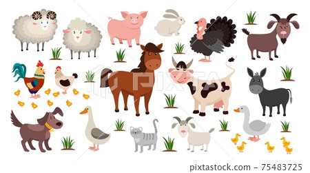 Farm animals. Stock raising concept. Cartoon sheep and goat, horse or cow. Domestic birds with cute chickens. Funny pets and livestock. Natural agriculture, vector rustic colorful set Farm animals. Stock raising concept. Cartoon sheep and goat, horse or cow. Domestic birds with cute chickens. Funny pets and livestock. Natural agriculture, vector rustic colorful set 75483725