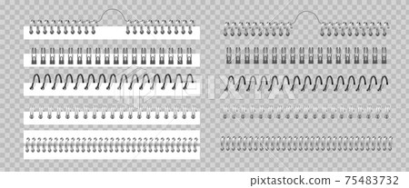 Metal binder. Realistic silver or black spiral coils for notebook. 3D helical fastening sheets set and sketchbook bindings on transparent background. Vector wire for stitching pages 75483732