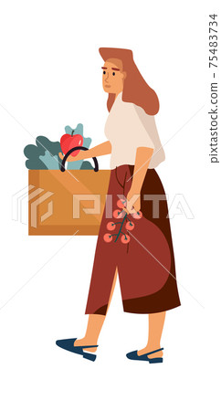 Woman at grocery store. Shopping concept. Cartoon female making purchases. Isolated girl carrying bags with food products. Vector character buys fruit and vegetables in greengrocer shop Woman at grocery store. Shopping concept. Cartoon female making purchases. Isolated girl carrying bags with food products. Vector character buys fruit and vegetables in greengrocer shop 75483734