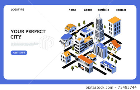 Real estate landing page. Smart city design. Construction plan of buildings. Website interface with buttons and copy space. Service for improvement of urban space. Vector UI template 75483744