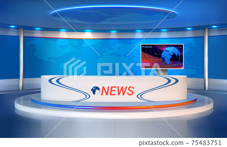 News room. Realistic studio for recording TV programs. 3D newscaster's table and presentation monitor, spotlight and world map. Vector television broadcasting of streaming reportage News room. Realistic studio for recording TV programs. 3D newscaster's table and presentation monitor, spotlight and world map. Vector television broadcasting of streaming reportage 75483751