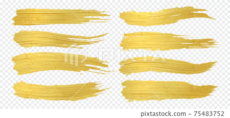 Golden paint. Realistic gold brush smudges. Yellow metallic smears on transparent background. Decorative glittering brushstrokes set. Luxury horizontal splashes. Vector foil texture 75483752