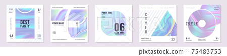 Holographic banners. Square social media post with iridescent rainbow foil texture. Neon purple and pink 90s futuristic templates. Abstract hologram cover. Vector trendy poster set 75483753