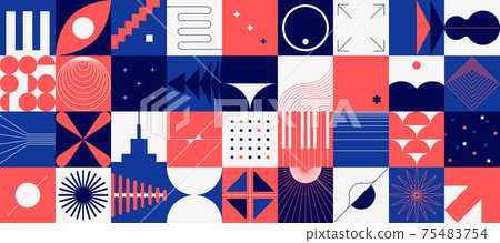 Brutalism shapes. Abstract minimal background. Composition of red and blue geometric figures in squares. Decorative modernism design elements. Vector flat forms or concentric circles Brutalism shapes. Abstract minimal background. Composition of red and blue geometric figures in squares. Decorative modernism design elements. Vector flat forms or concentric circles 75483754
