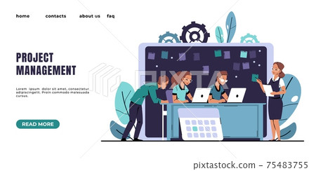 Agile landing page. Kanban methodology software development. Effective project management. Brainstorming and teamwork of employees. Website UI with buttons. Vector web interface mockup 75483755