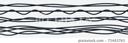 Realistic electrical cable. 3D seamless insulated electric copper wires. Curved bunch of black ropes. Intertwined wiring on transparent background. Vector electricity equipment set Realistic electrical cable. 3D seamless insulated electric copper wires. Curved bunch of black ropes. Intertwined wiring on transparent background. Vector electricity equipment set 75483763