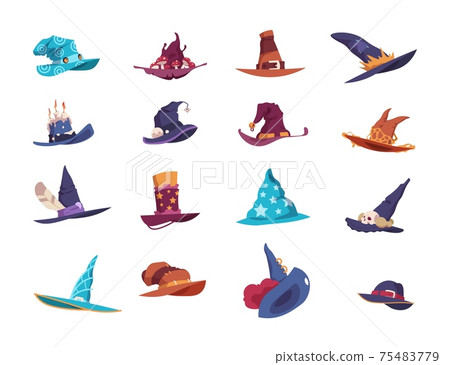 Wizard hats. Cartoon magician wide-brimmed pointed headgear. Colorful headdress decorated with feathers and bright ribbons, candles or bells. Vector set of sorcerer's headwear types 75483779