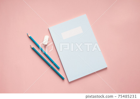 flat lay book stationery. 75485231