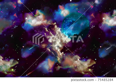 美麗的宇宙與雲海和sf風格的空間背景插圖閃亮的藍色行星和流星 75485284