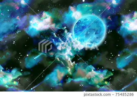美麗的宇宙與雲海和sf風格的空間背景插圖閃亮的藍色行星和流星 75485286