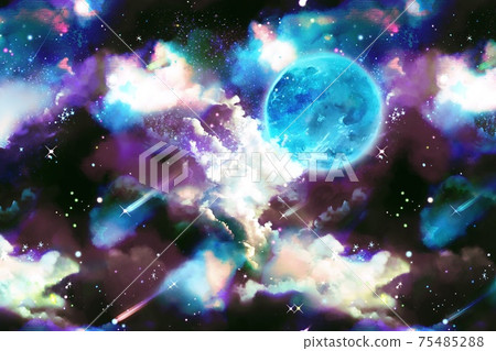 美麗的宇宙與雲海和sf風格的空間背景插圖閃亮的藍色行星和流星 75485288