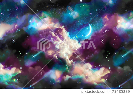美麗的宇宙與雲海和sf風格的空間背景插圖閃亮的藍色行星和流星 75485289