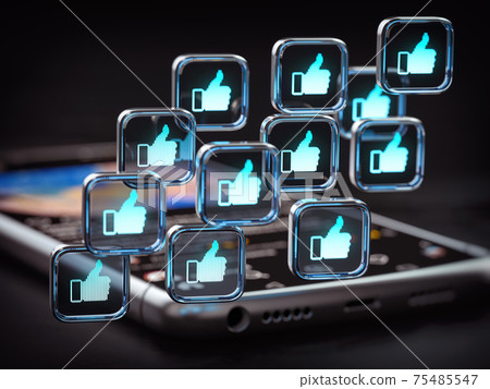 Many like and thumb up symbols on smartphone. Ativity and popularity in social medias concept. 75485547