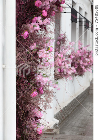 City street is decorated with artificial flowers. City street is decorated with artificial flowers. 75485689