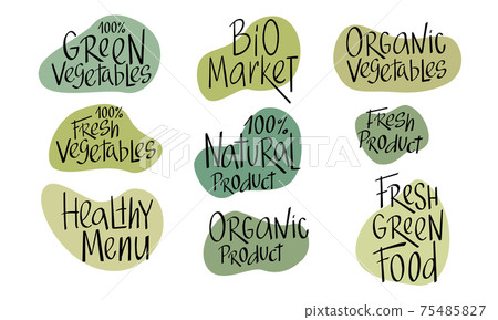 Eco green sign lettering for vegetarian, vegan shop, farmers market, natural organic food. Set of vector handwritten words isolated on white background. Eco green sign lettering for vegetarian, vegan shop, farmers market, natural organic food. Set of vector handwritten words isolated on white background. 75485827
