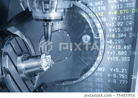 The abstract scene of 5-axis machining center cutting the turbocharger blade with solid ball end mill tool.  75485958