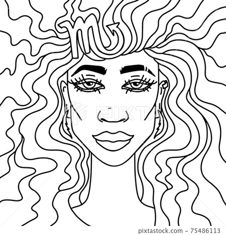 Scorpio girl portrait. Adult coloring. Zodiac sign. Vector illustration. 75486113