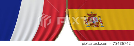 Flags of France and Spain and closing or opening zipper between them. Political negotiations or interaction conceptual 3D rendering Flags of France and Spain and closing or opening zipper between them. Political negotiations or interaction conceptual 3D rendering 75486742
