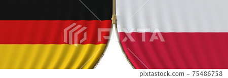 Flags of Germany and Poland and closing or opening zipper between them. Political negotiations or interaction conceptual 3D rendering Flags of Germany and Poland and closing or opening zipper between them. Political negotiations or interaction conceptual 3D rendering 75486758