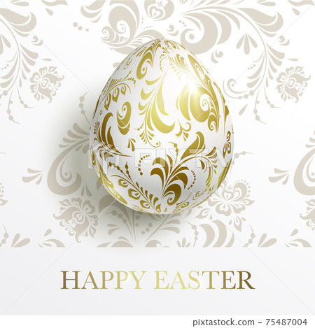 White Happy Easter card. Egg with a golden floral pattern 75487004