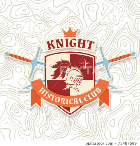 Knight historical club badge design. Vector illustration Concept for shirt, print, stamp, overlay or template. Vintage typography design with knight helmet, swords and shield silhouette. 75487699