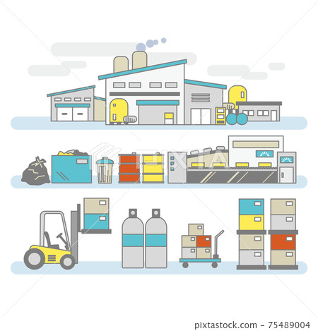 Factory scenery, panoramic view, machines and cargo 75489004