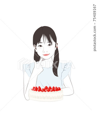 Illustration of a girl eating a strawberry cake Illustration of a girl eating a strawberry cake 75489167